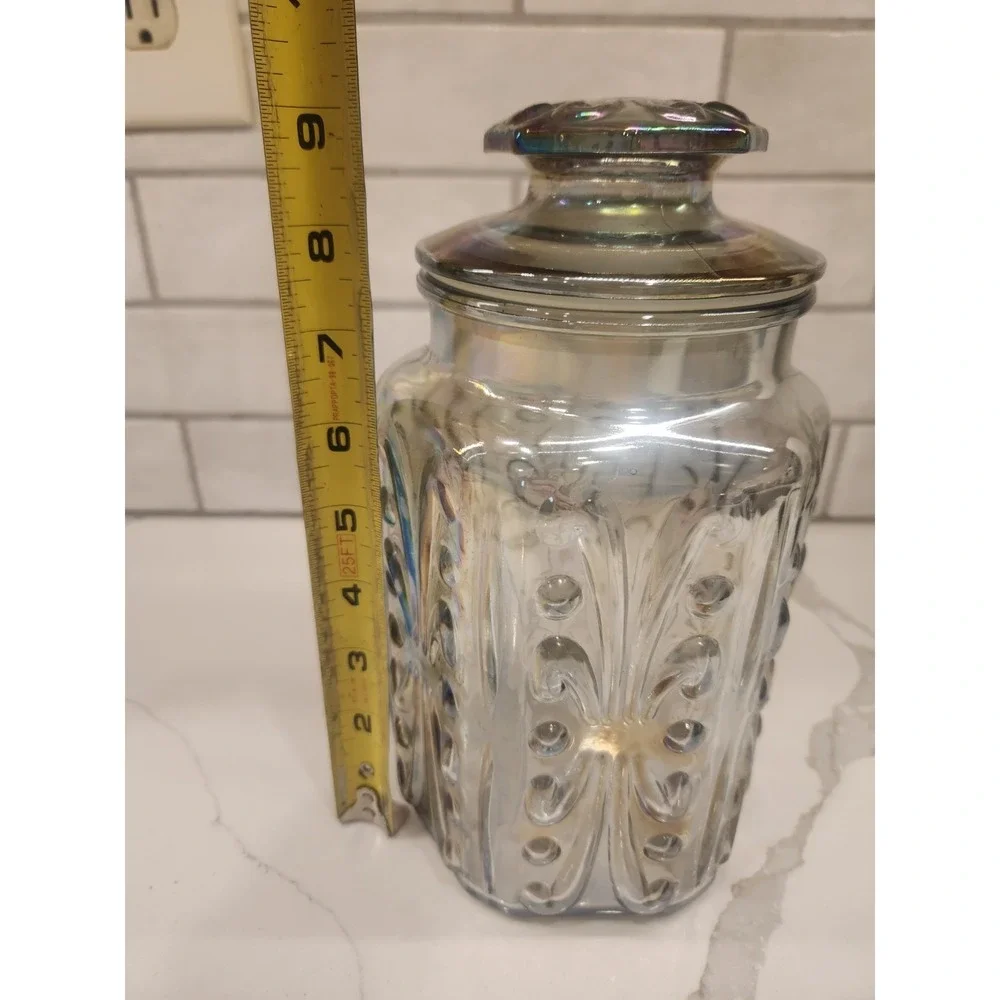 Vtg LE Smith Atterbury Scroll Canister Jar Iridescent Carnival Glass 9